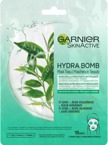 Garnier Skin Active Mask Tissu mascarilla de tela Hydra Bomb hidratante matificante con ácido hialurónico y té verde