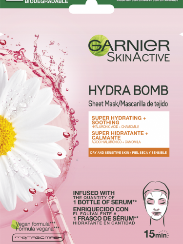 Garnier Skin Active Mask Tissu mascarilla de tela Hydra Bomb hidratante calmante con ácido hialurónico y manzanilla