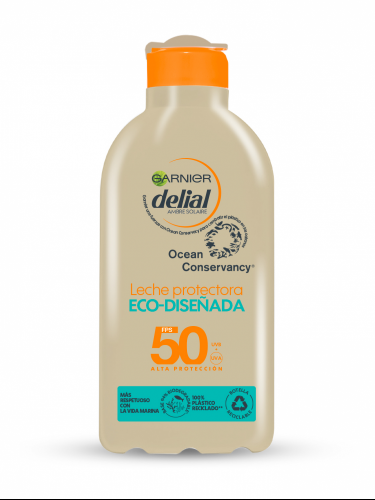 Garnier Delial Leche Protectora Eco Diseñada SPF 50. Respetuosa con la vida marina. Fórmula 94% biodegradable