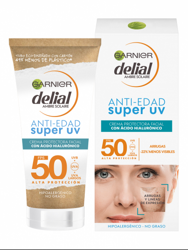 Garnier Delial Crema Protectora Facial Anti Edad con Ácido Hialurónico y SPF 50, Reduce Arrugas y Líneas de Expresión 50ML